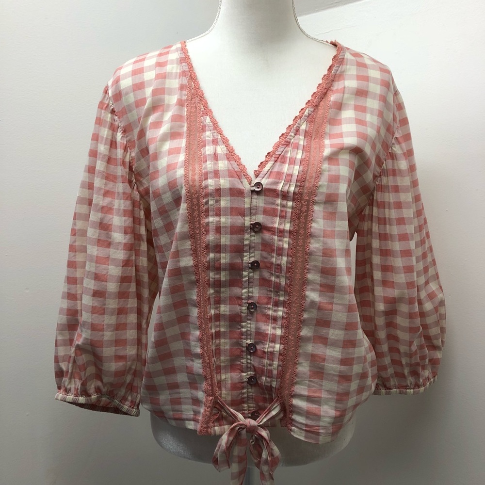 Live Life By Sanctuary Pink V Neck Gingham Print  Blouse Womens Size L